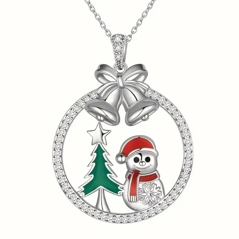 Holiday Snowman & Christmas Tree Circular Hollow Necklace. NWOT